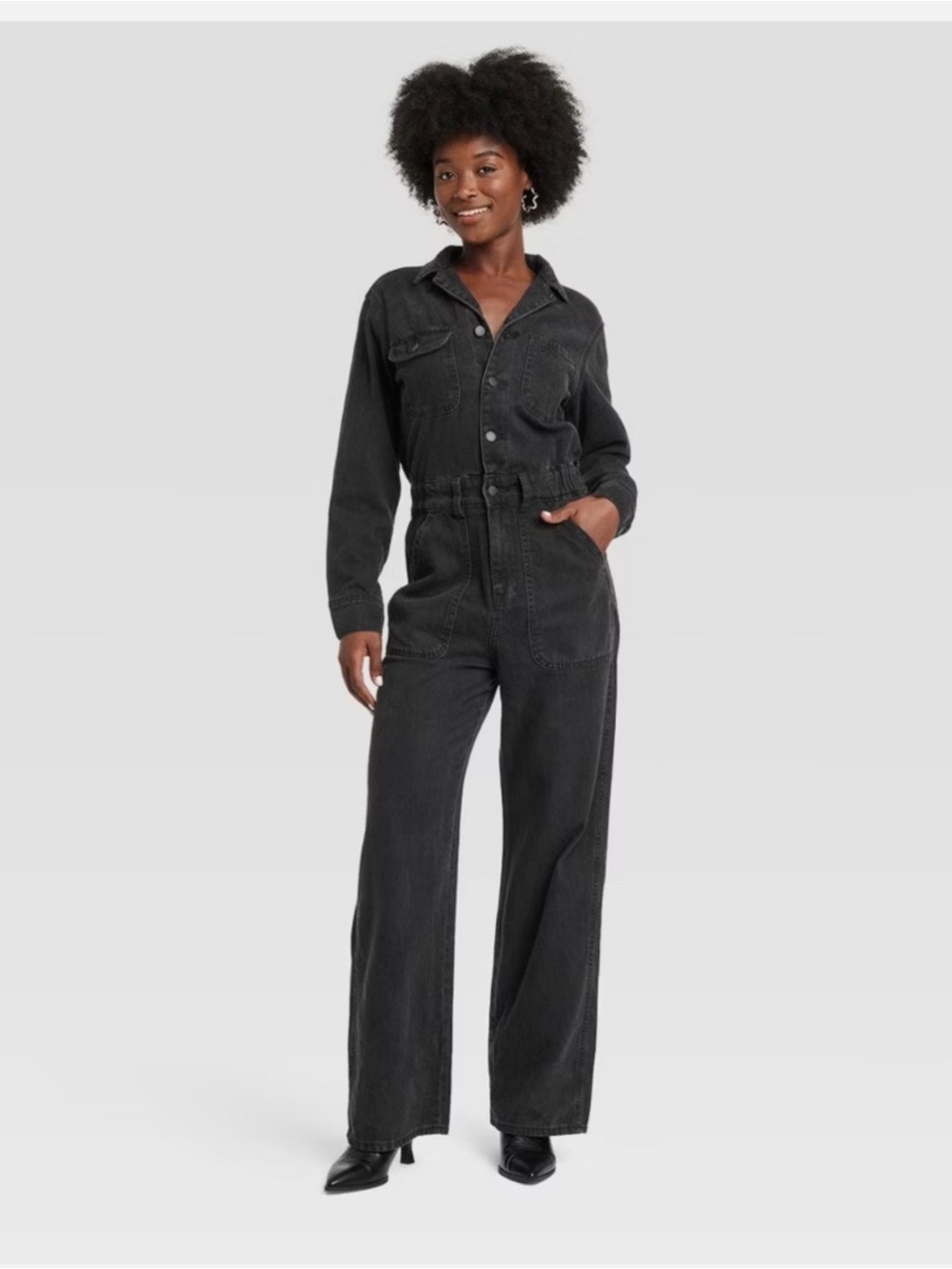 Universal Thread Long-Sleeve Utility Baggy Denim Jumpsuit Black Size 16